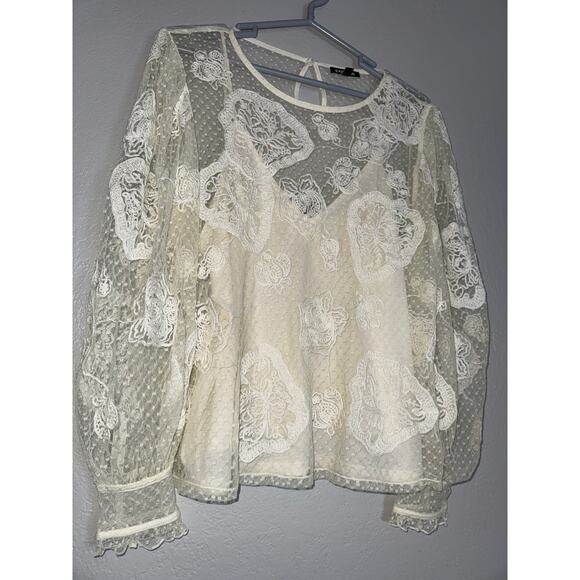 Express Lace Long Sleeve Blouse Top Womens XL Boho Bohemian Cottage Beige White - Picture 3 of 13